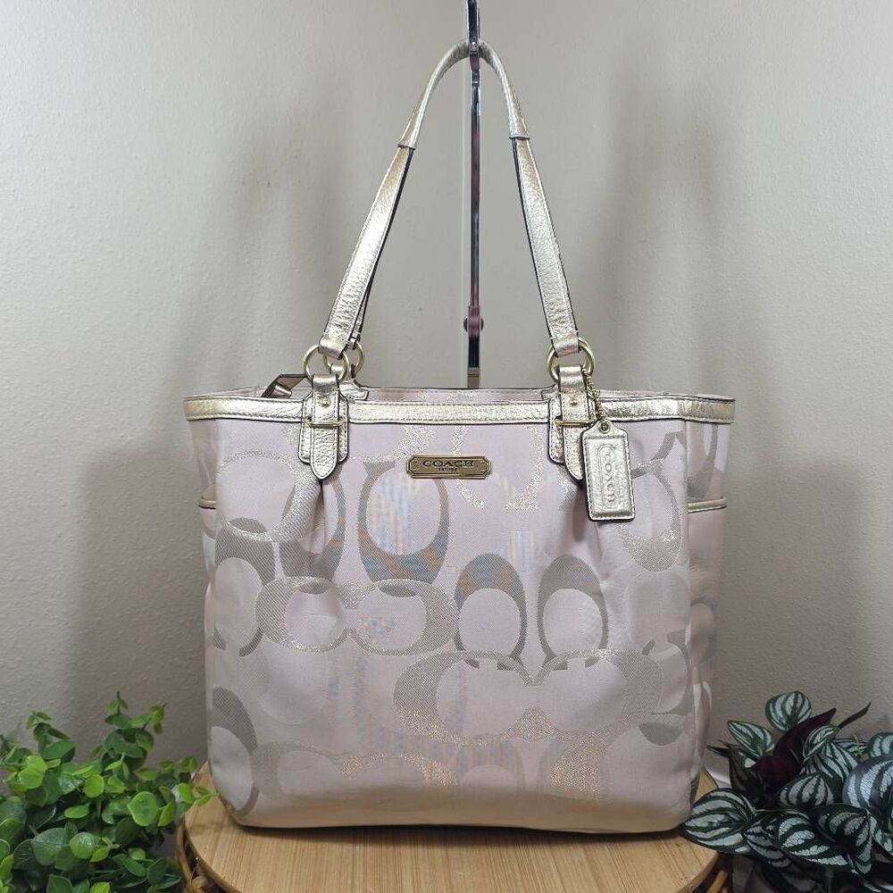 Coach Gallery Tote Optic Signature Sateen Gold Khaki F19675 Large Zip Shoulder B